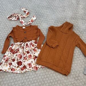 Brown Knit Dress and Floral Outfit Set